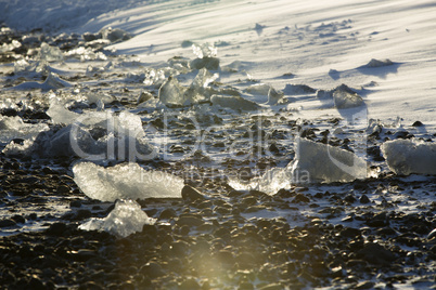 Ice blocks at glacier lagoon Jokulsarlon, Iceland in evening lig