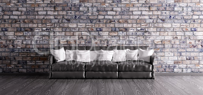 Black sofa over the brick wall 3d render