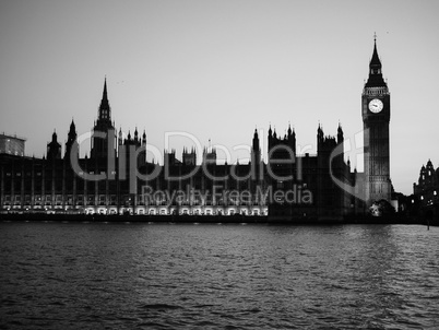 Black and white Houses of Parliament in London