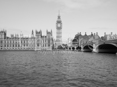 Black and white Houses of Parliament in London