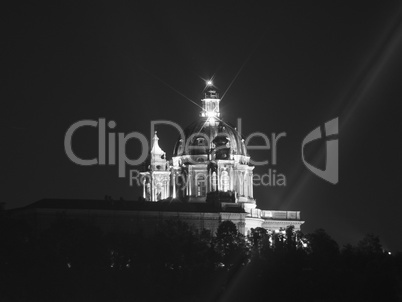 Black and white Basilica di Superga at night in Turin