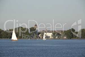 Isle of Frauenchiemsee with sailboats, Bavaria