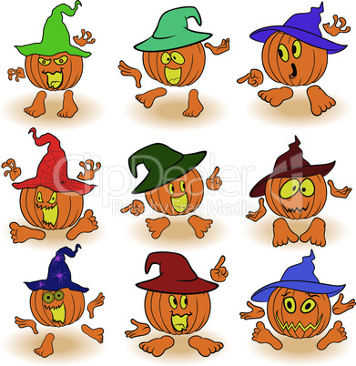 Gesticulating funny pumpkins in hats