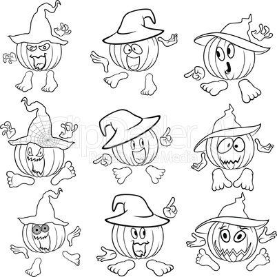 Outlines of gesticulating funny pumpkins in hats