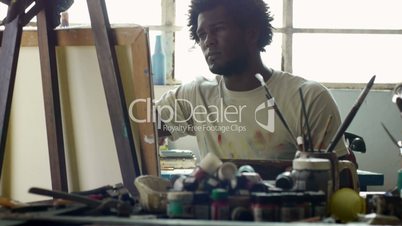 Professional Painter Working In Studio Black Man Painting Artistic Work