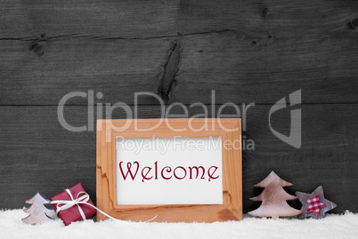 Gray Frame With Christmas Decoration, Snow, Welcome