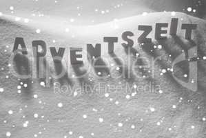 White Word Adventszeit Means Christmas Time On Snow, Snowflakes