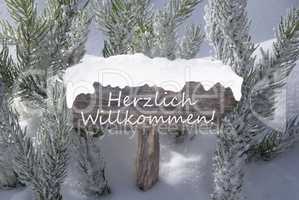 Christmas Sign Snow Fir Tree Willkommen Means Welcome