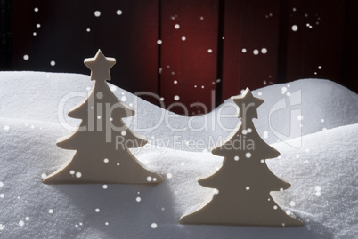Two White Wooden Christmas Trees, Snow, Snowflakes