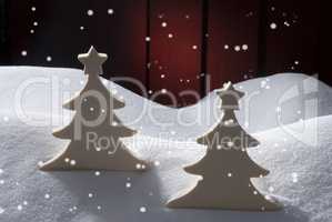 Two White Wooden Christmas Trees, Snow, Snowflakes