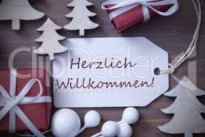 Christmas Label Gift Tree Herzlich Willkommen Means Welcome