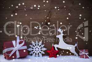 Red Christmas Card With Decoration, Copy Space, Snowflakes, Snow