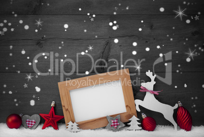 Gray Christmas Card With Red Decoration, Copy Space, Snowfalkes