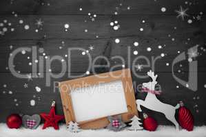 Gray Christmas Card With Red Decoration, Copy Space, Snowfalkes