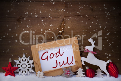 God Jul Mean Merry Christmas, Red Decoration Reindeer And Ball