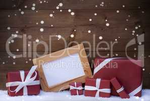 Red Christmas Decoration, Gifts, Snow, Copy Space, Snowflakes