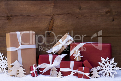 Red Christmas Gifts And Decoration With White Ribbon, Snowflake