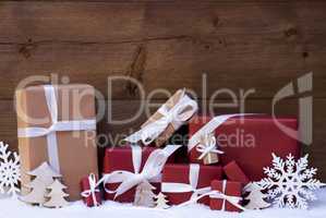 Red Christmas Gifts And Decoration With White Ribbon, Snowflake