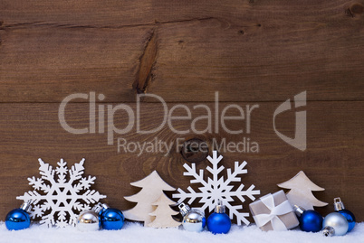 Blue Christmas Card With Decoration, Copy Space, Snow