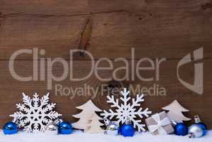 Blue Christmas Card With Decoration, Copy Space, Snow