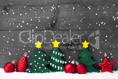 Gray Christmas Card With Green Trees And Red Balls, Snowflakes