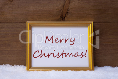 Golden Frame With Red Text Merry Christmas On Snow