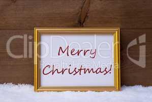 Golden Frame With Red Text Merry Christmas On Snow