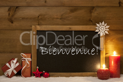 Festive Christmas Card, Blackboard, Snow, Bienvenue Mean Welcome