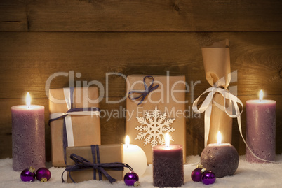 Retro Purple Christmas Gifts With Candles And Balls, Snow