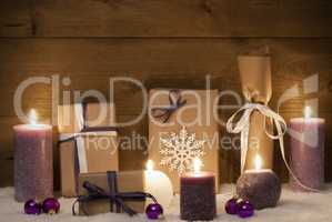 Retro Purple Christmas Gifts With Candles And Balls, Snow