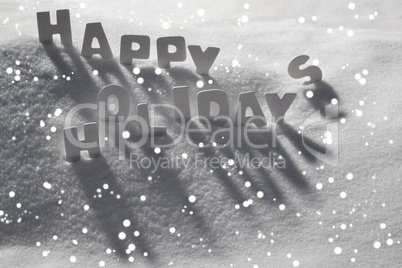 White Christmas Card, Text Happy Holidays On Snow, Snowflakes