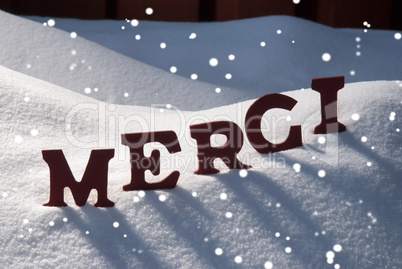 Christmas Card With Snow, Merci Mean Thank You, Snowflakes