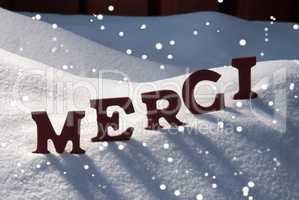 Christmas Card With Snow, Merci Mean Thank You, Snowflakes