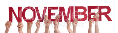 Many People Hands Holding Red Straight Word November