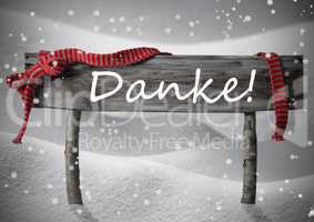 Christmas Sign Danke Mean Thank You, Snow, Ribbon, Snowflakes