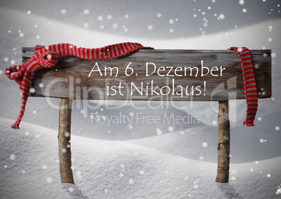 Sign Nikolaustag Mean St Nicholas Day, Snow, Ribbon, Snowflakes