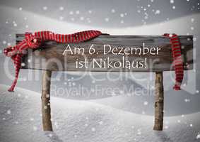 Sign Nikolaustag Mean St Nicholas Day, Snow, Ribbon, Snowflakes