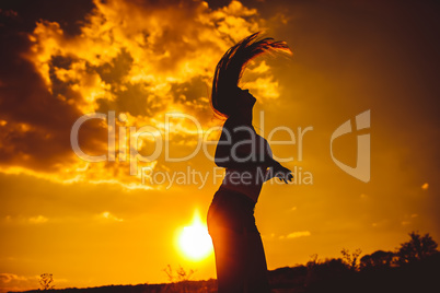 European appearance young woman lifted her head up waving hair i