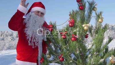 Santa Claus near Christmas tree in snow covered winter forest