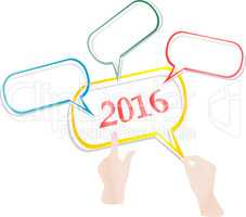 hand with abstract speech bubbles set on white Christmas background, 2016 new year concept