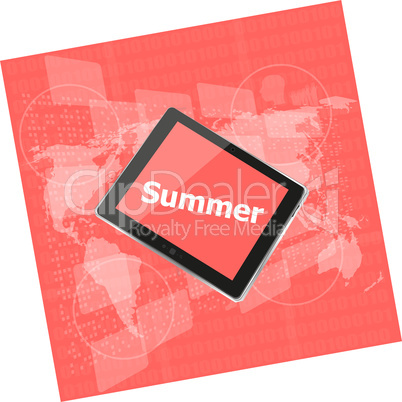 summer word on tablet pc screen, digital touch screen, holiday concept, summer card