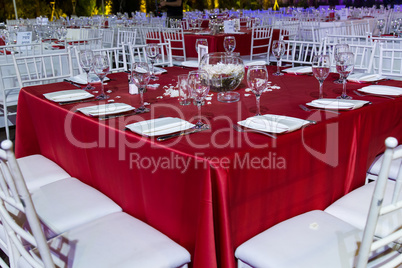 Festively decorated table .