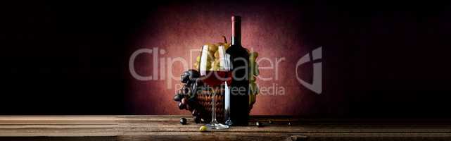 Wine with grape in basket