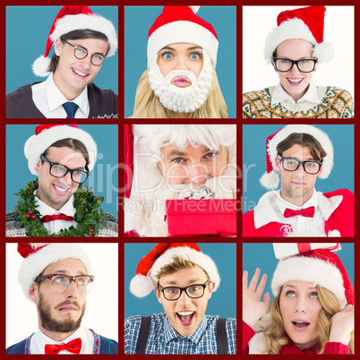 Composite image of smiling santa young woman with gift on her he