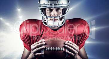 Composite image of close-up portrait of confident american footb