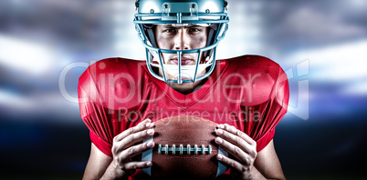 Composite image of close-up portrait of confident american footb