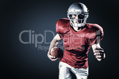 Composite image of portrait of sportsman running while playing american football