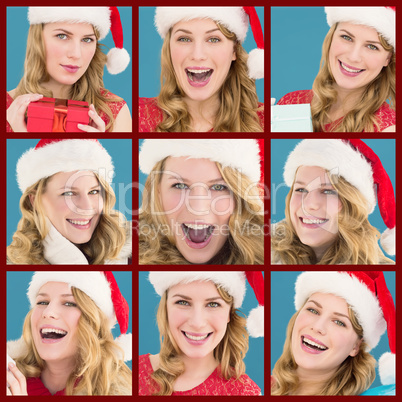 Composite image of blonde woman in santa hat standing with gift