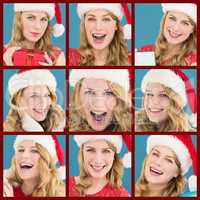 Composite image of blonde woman in santa hat standing with gift