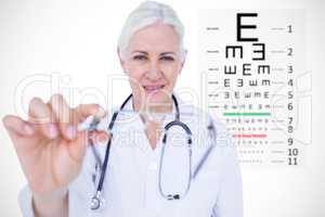 Composite image of smiling female doctor presenting eye glasses